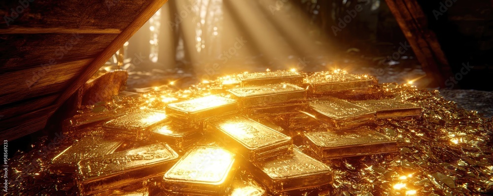 Poster a mesmerizing treasure trove filled with golden bars, illuminated by soft rays of light in a mysteri