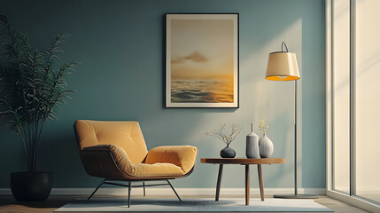 Living room decor template with poster, armchair, table, lamp, vase, and accessories.