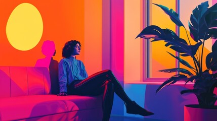 Woman Sitting on a Couch in a Neon-Lit Room with a Plant
