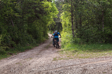 Naklejka premium Friends mountain biking on MTB in the forest, rear view