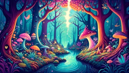 Obraz premium A whimsical vector drawing of a magical forest, with stylized trees, fantastical creatures, and a bright, imaginative color palette.