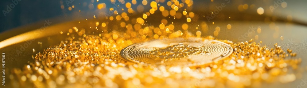 Poster close-up of a gleaming gold coin surrounded by sparkling golden particles, symbolizing wealth and pr