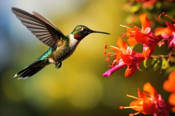 Fototapeta premium Hummingbird flying with colorful flower animal plant beak.