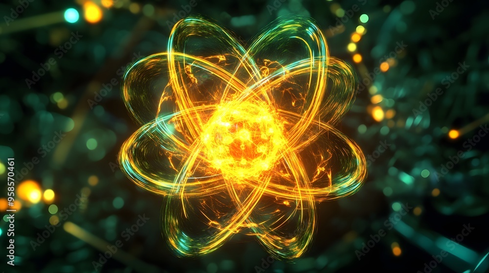 Poster 60. stylized digital rendering of a radioactive atom with glowing, energetic molecular patterns