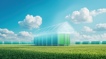 A modern greenhouse in a vibrant field under a clear blue sky, symbolizing sustainable agriculture and innovation.