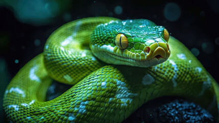 Fototapeta premium A vibrant green snake with striking yellow eyes rests gracefully, showcasing its intricate scales and symbolizing transformation.