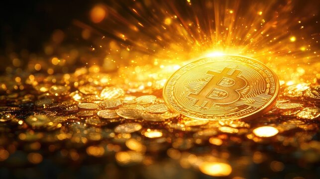 A shining Bitcoin coin radiates light amidst a backdrop of scattered gold coins, symbolizing wealth and digital currency.