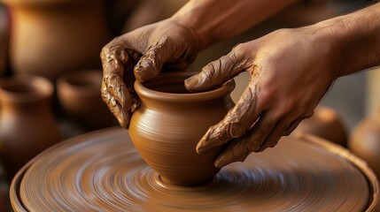 A close-up of a person shaping a clay pot on a pottery wheel, with hands covered in wet clay. The atmosphere is warm and earthy, representing the art of craftsmanship.