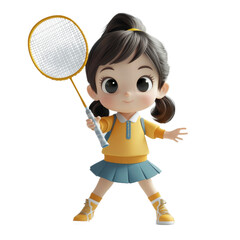 Cute Cartoon Girl Playing Badminton