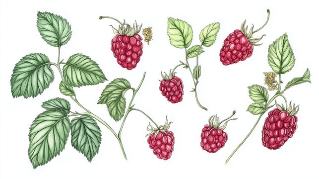 A botanical illustration of raspberries and their leaves, displaying intricate detail and a delicate design in soft green and red hues