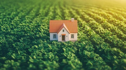 Fototapeta premium A quaint house nestled amidst lush green fields, symbolizing harmony between nature and home.