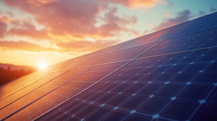 Close-up of solar panels on a rooftop, capturing sunlight to convert into renewable energy.