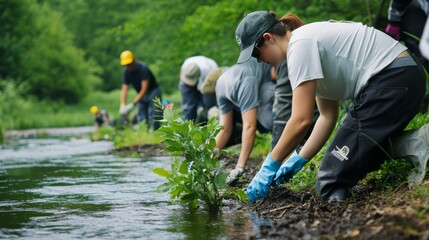 Community people group engaged in an environmental responsibility project, such as a river cleanup or tree planting event.