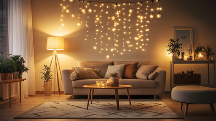 Cozy living room ambiance with warm floor lamp, table lamps, and string lights illuminating plush sofa, rug, and modern decorative elements in soft evening glow.