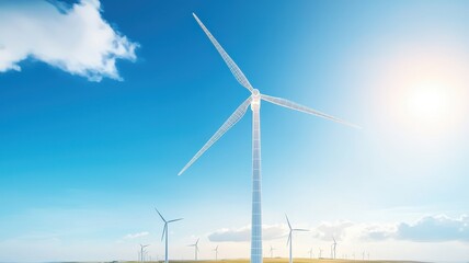 A serene landscape featuring a tall wind turbine under a bright blue sky, symbolizing clean energy and sustainability.