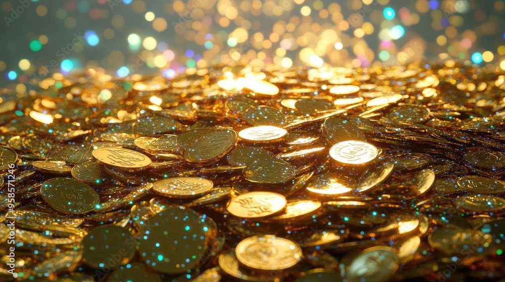 Poster a dazzling display of golden coins shimmering under bright lights, creating a sense of wealth and pr