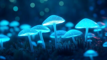 Fototapeta premium A group of blue mushrooms are lit up in the dark