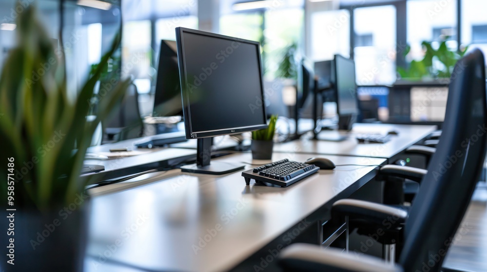 Poster consulting firm workspace with desks and computers in a modern office.