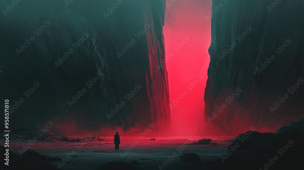 Poster A lone figure walking towards a red glow in a dark, rocky canyon.