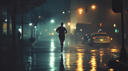 A lone runner navigates a rainy, dimly lit urban street on a misty night, reflecting city lights on the wet pavement