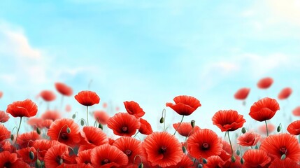 Obraz premium Endless poppy field under a serene sky, illustrated in a vintage watercolor style, with soft washes of red and blue, evoking a sense of calm and remembrance.