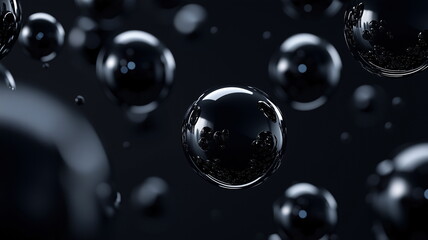 Dynamic cluster of black spheres with glowing reflections in dark ambient space