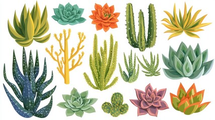 A vibrant collection of illustrated succulents and cacti featuring various shapes and colors, perfect for decoration or design.