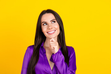 Photo of positive smiling lady touch chin look empty space thinking isolated bright color background