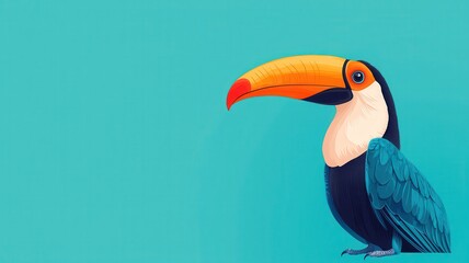 Naklejka premium A vibrant illustration of a toucan resting against a bright turquoise background, showcasing its colorful beak and feathers.