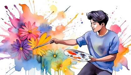 A young artist painting a vibrant, imaginary world where flowers sing and animals dance, bringing their dreams to life on the canvas. colorwater.