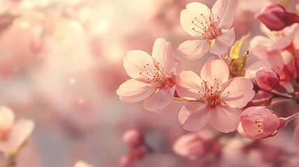 Obraz premium Close-up of cherry blossoms with delicate pink petals, soft-focus background, watercolor style, warm pastel tones, light and airy ambiance, plenty of copy space.
