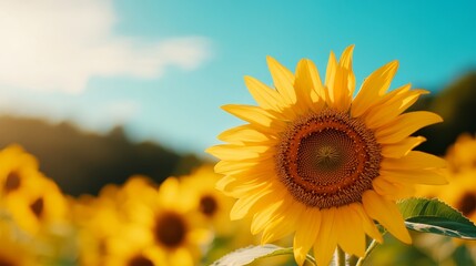 Obraz premium A single sunflower with vivid yellow petals against a bright blue sky, minimalist, photorealism, high contrast, summer vibes, sharp focus.