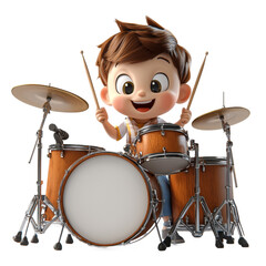 Fototapeta premium Cartoon Boy Playing Drums with Sticks and Cymbals