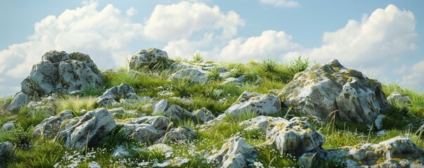 Rocky outcrops on a hillside with wild grasses, 4K hyperrealistic photo