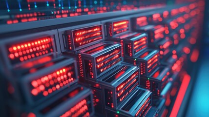 Obraz premium Close-up of a modern data server array with vibrant red lights, showcasing advanced technology and digital innovation.