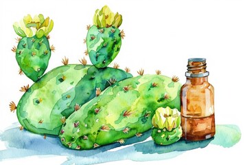 Vitamin-rich Prickly Pear Seed Oil. Watercolor Painting of Fresh Cactus Fruit with Organic Essential Oil Bottle on White Background