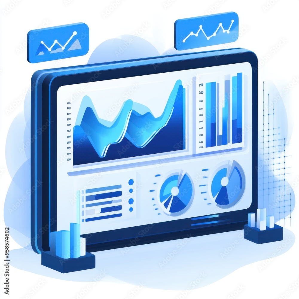 Poster modern financial dashboard with analytics in flat design - business element with blue tones on white
