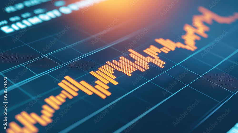 Poster dynamic stock market chart displaying fluctuating orange bars on a digital background, representing 