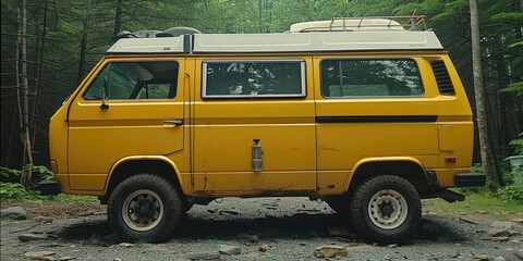 Old yellow camper van parked in a forest clearing during late afternoon