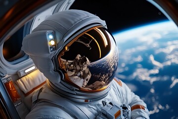 Astronaut in a moment of reflection is depicted in a close-up shot of an astronaut sitting quietly in a space station, looking out at the Earth far below