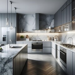 Modern Kitchen with Marble Countertops and Stainless Steel Appliances