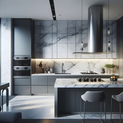 Modern Kitchen with Marble Countertops and Stainless Steel Appliances