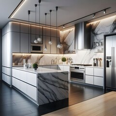 Modern Kitchen with Marble Countertops and Stainless Steel Appliances