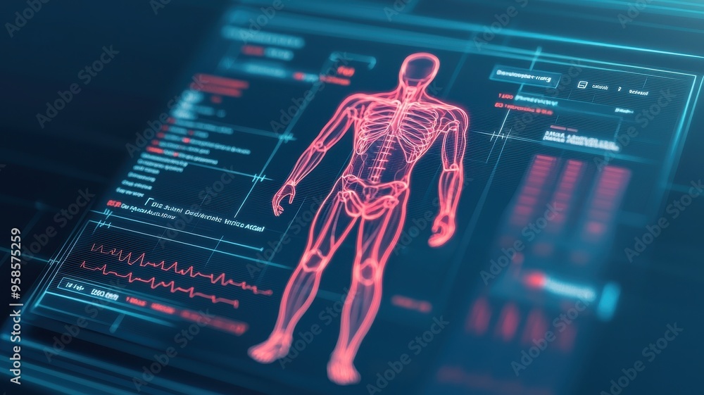 Poster futuristic medical interface displaying a digital human anatomy with vital statistics and data analy