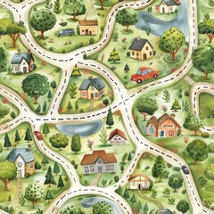 Obraz premium Watercolor Adventure Map with Road, Houses, Lake, and Car. Seamless Pattern for Travel Illustration