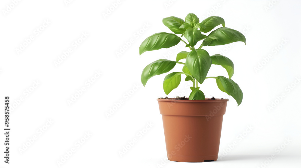 Sticker Fresh Green Basil in Pot on White Background ,Fresh basil in pot on white background ,Bush basil grows in a pot on a white background