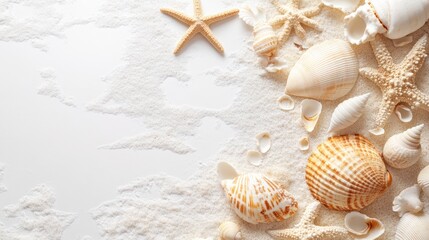 A variety of seashells of different shapes and sizes are scattered across the sand; they evoke a sense of tranquility and the beauty of nature. 