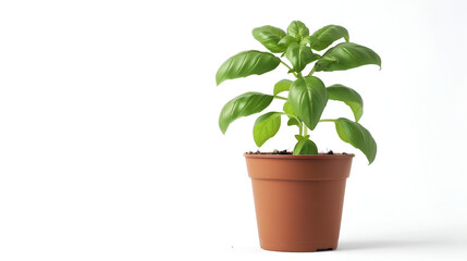 Obraz premium Fresh Green Basil in Pot on White Background ,Fresh basil in pot on white background ,Bush basil grows in a pot on a white background