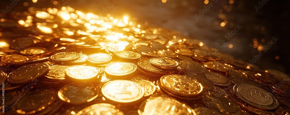 Poster a captivating close-up view of shimmering gold coins reflecting light, creating a luxurious and abun