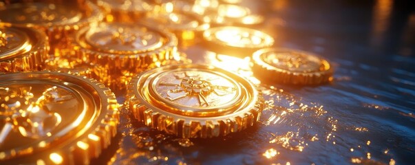 Close-up of shimmering golden coins creating a luxurious and warm atmosphere in a tranquil water setting.